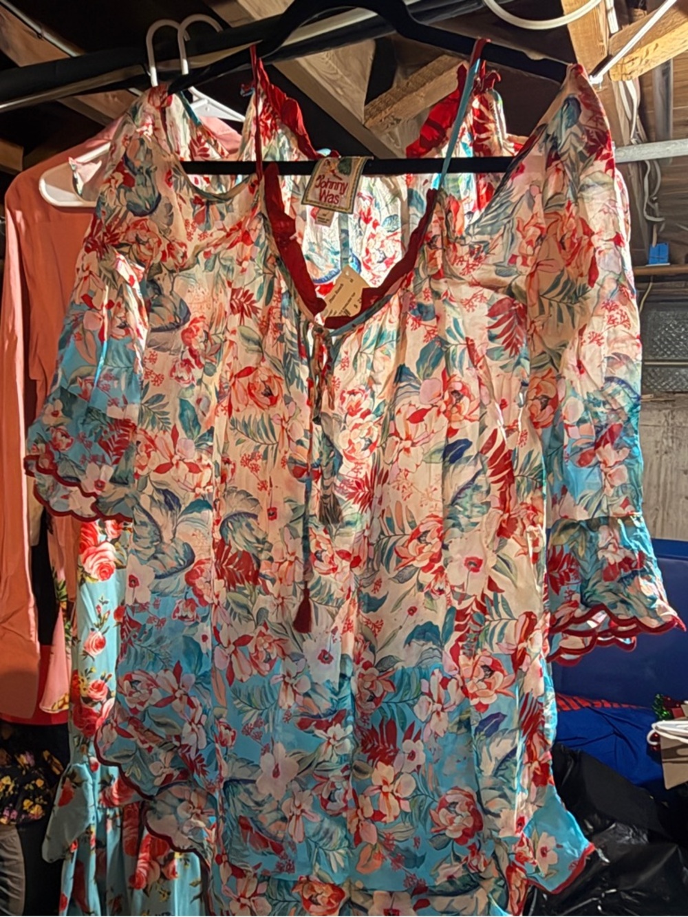 Johnny Was Floral Cold-Shoulder Blouse in Blue and Red